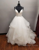 Long A-line V-neck Tulle Backless Wedding Dresses